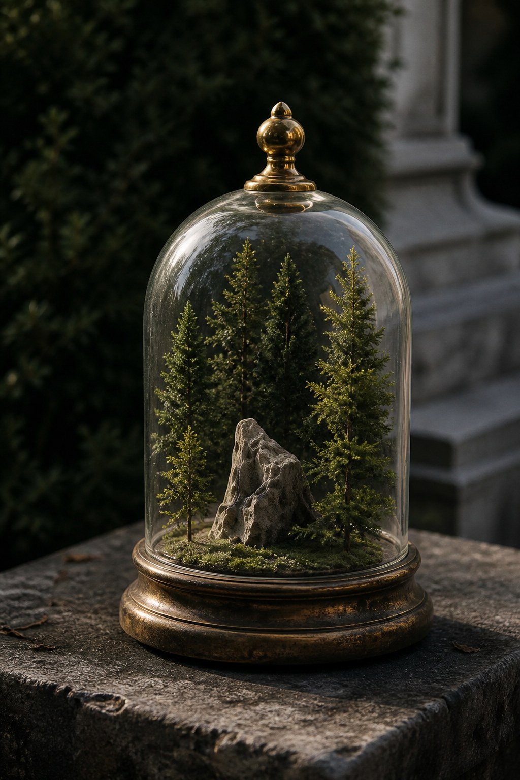 A miniature grove under a glass cloche